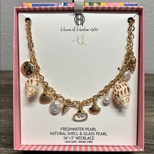 House of Harlow 1960 Gold Shell & Pearl Charm Necklace - White/Brown Shells